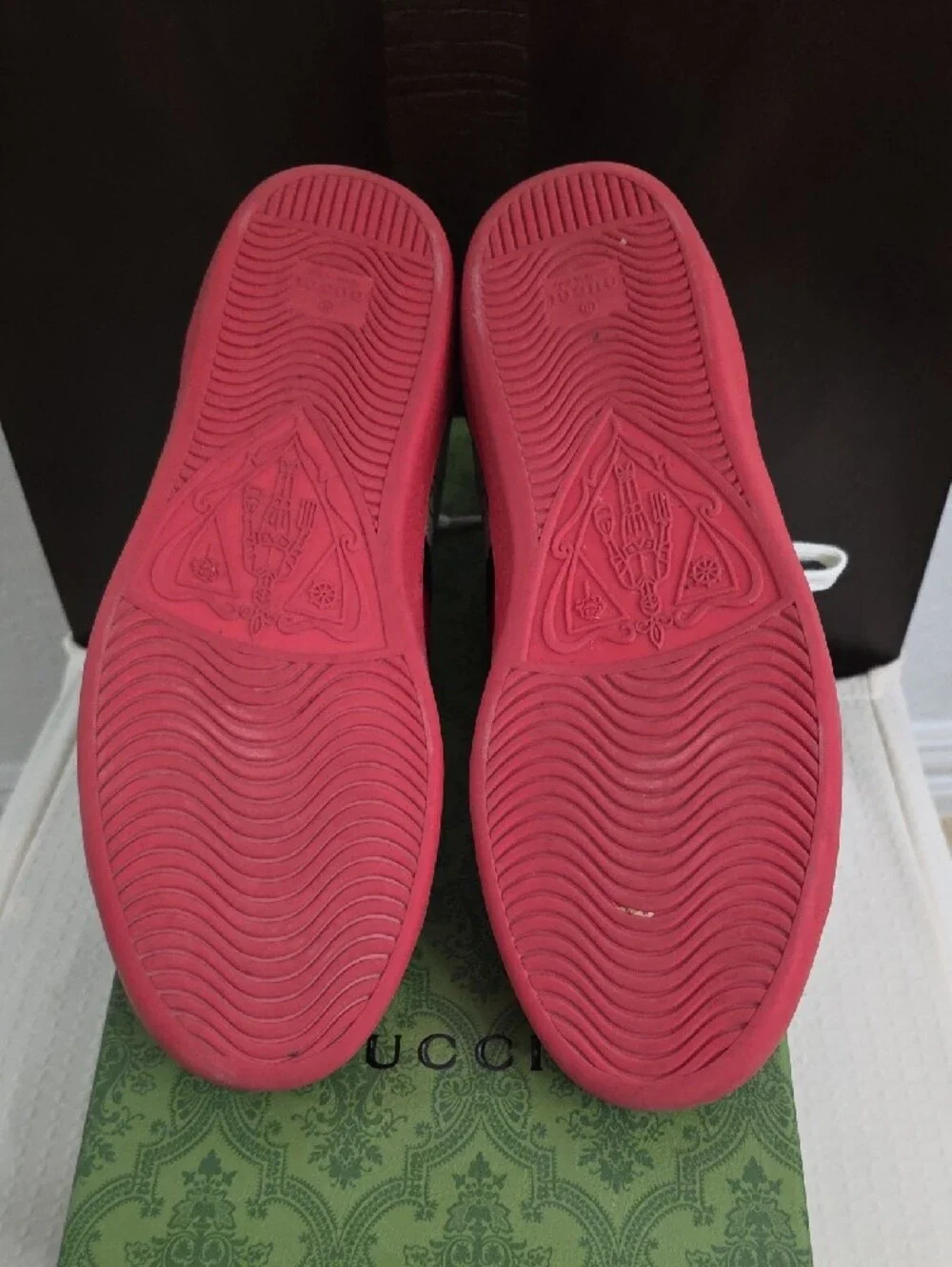 Gucci Beige Monogram Sneakers with Red and Navy Stripe